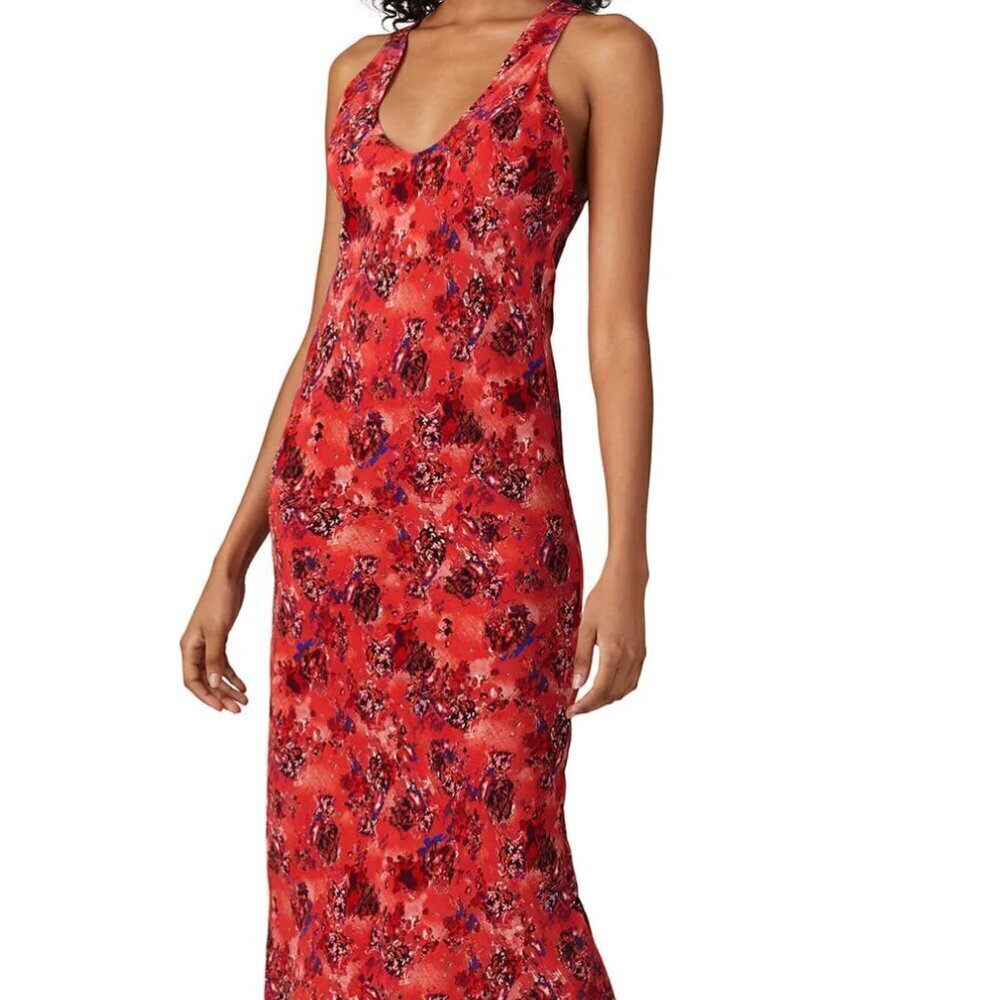 IRO Silk Blend Kayla Red Printed Sheath V Neck Dress SZ 34